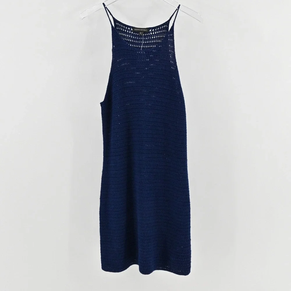 Banana Republic Crochet Knit Dress Size M Navy Blue Sleeveless Boho Vacation NWT